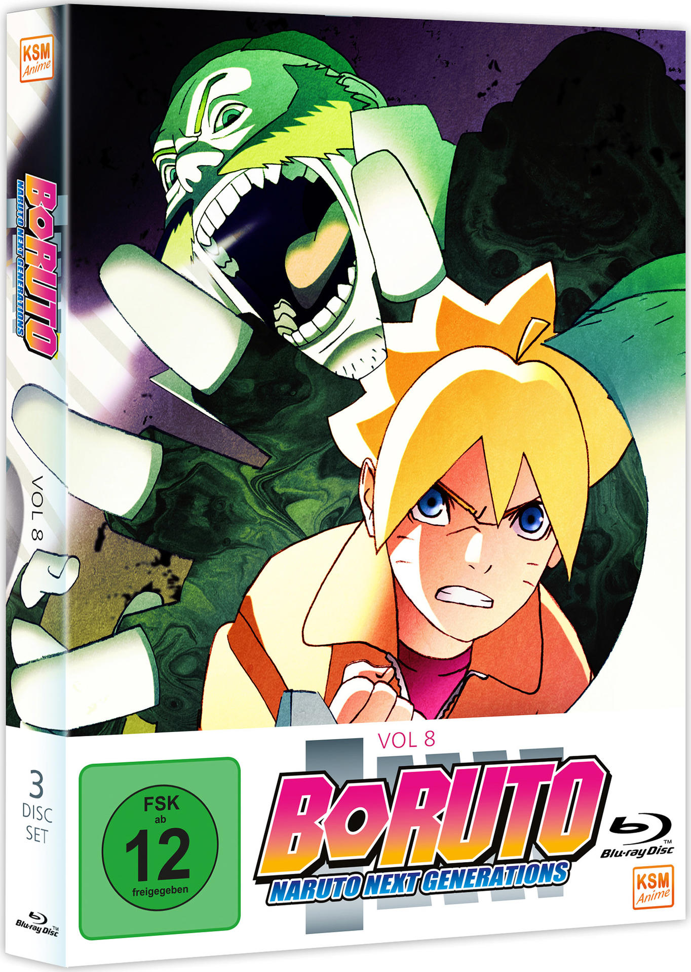 Blu-ray-Boxset von Boruto: Naruto Next Generations. Das Cover hat Charaktere und ein grün-rosa Farbschema.
