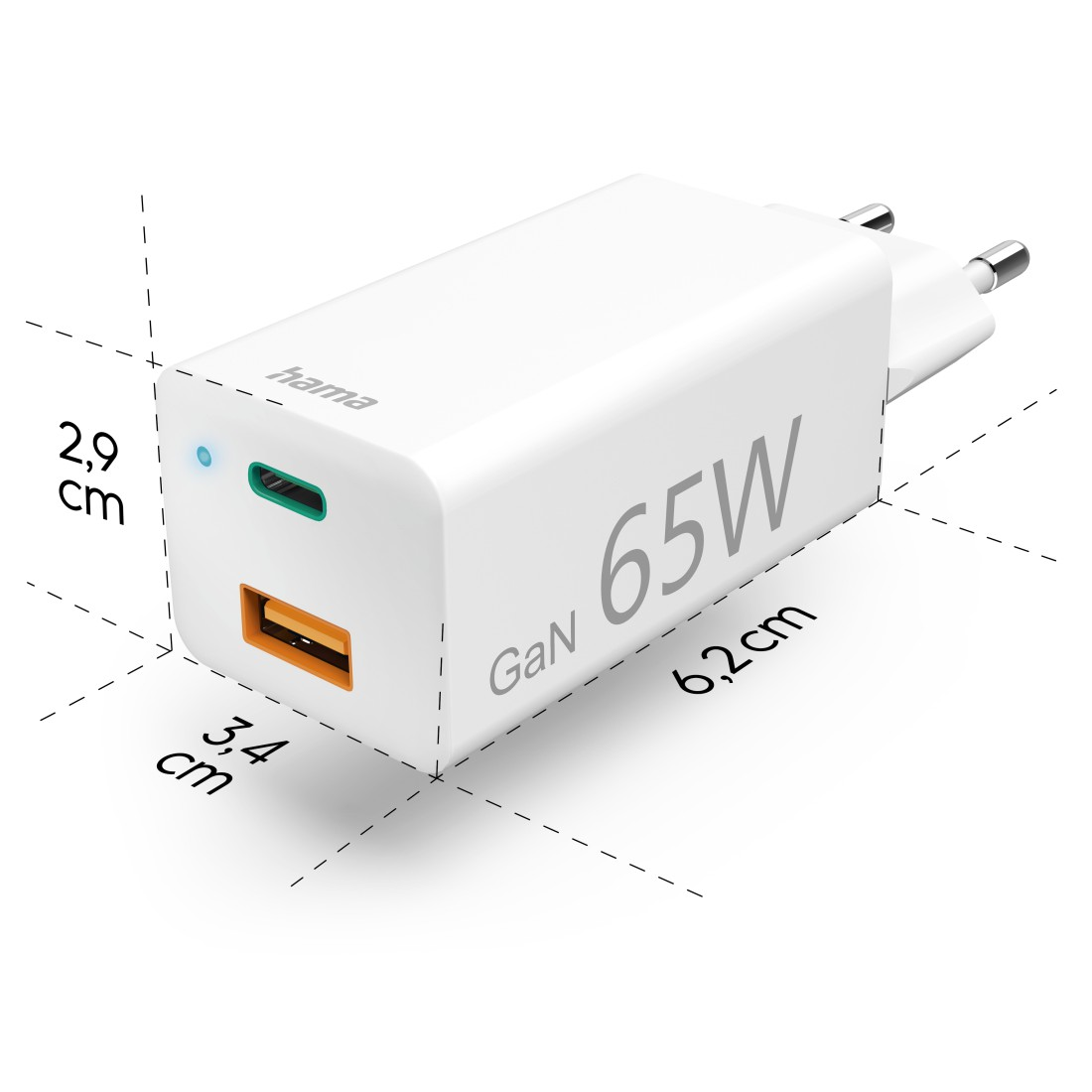 1x PD, GaN HAMA Schnellladegerät 3.3 QC 65 Universal, USB-C - Watt, Volt USB-A 1x 20 Weiß