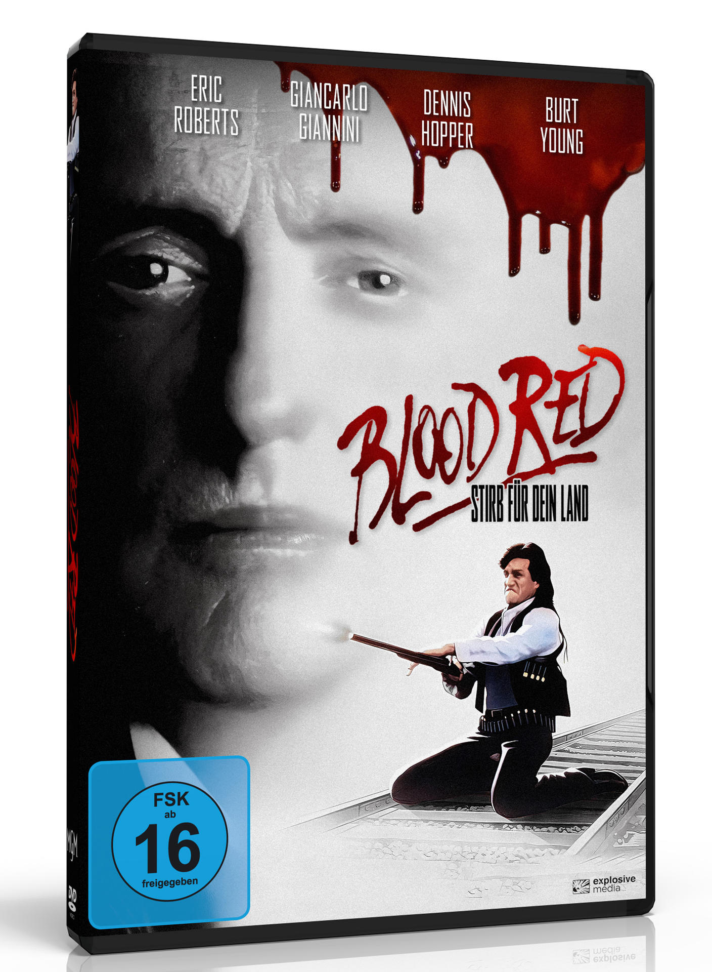 DVD-Cover mit Gesichtern von Schauspielern und einem knienden Mann, der eine Waffe zielt. Titel: Blood Red.