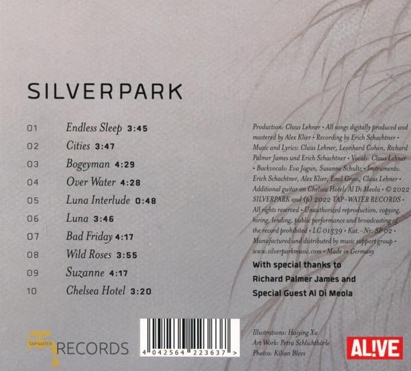 CD-Rückseite. Titelliste für 'Silver Park'. Artwork mit Text und Barcode.