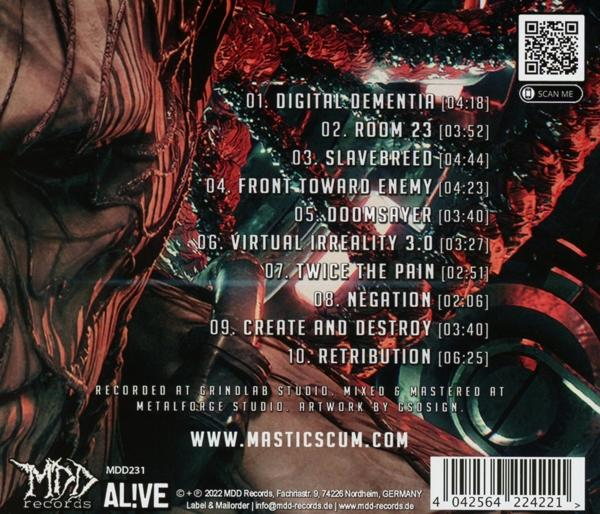 Albumcover mit Songtiteln. Rote und schwarze Grafik mit Titelliste und Logos.