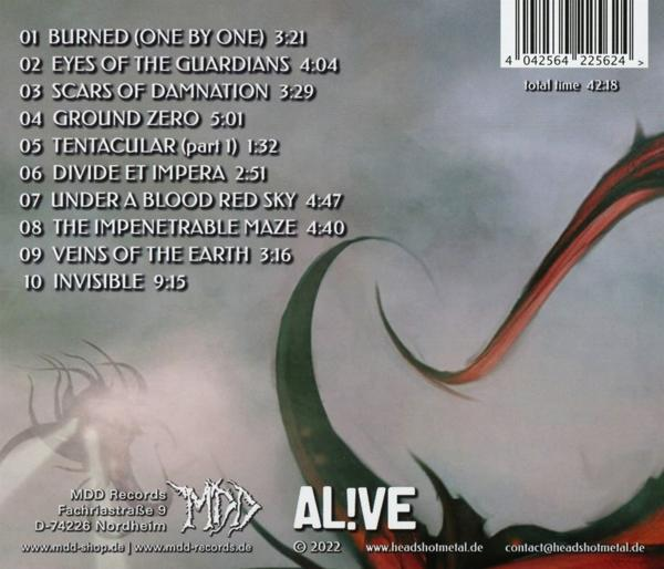 CD-Hülle hinten mit Titelliste. Albumtitel: AL!VE. Schwarz-Weiß-Bild mit roten Akzenten.