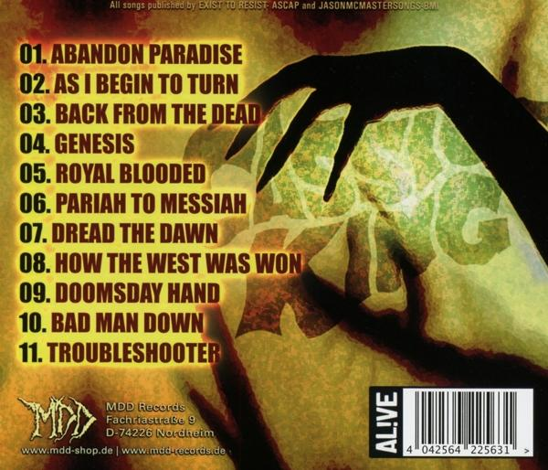 Rückseite einer CD-Hülle mit Titelliste, das Cover-Art ist eine Hand und Text.