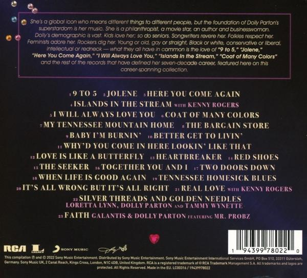 Albumcover mit Titelliste. Text über Dolly Partons Karriere und Albumdetails.