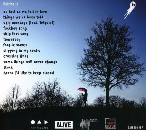Ein CD-Cover mit Songtiteln vor Himmel und Silhouette eines Baumes und einer Person mit Schirm.