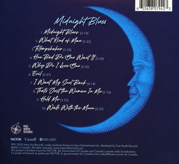 Die Rückseite einer CD-Hülle mit Songtiteln und Credits. Der Hintergrund ist ein Halbmond.