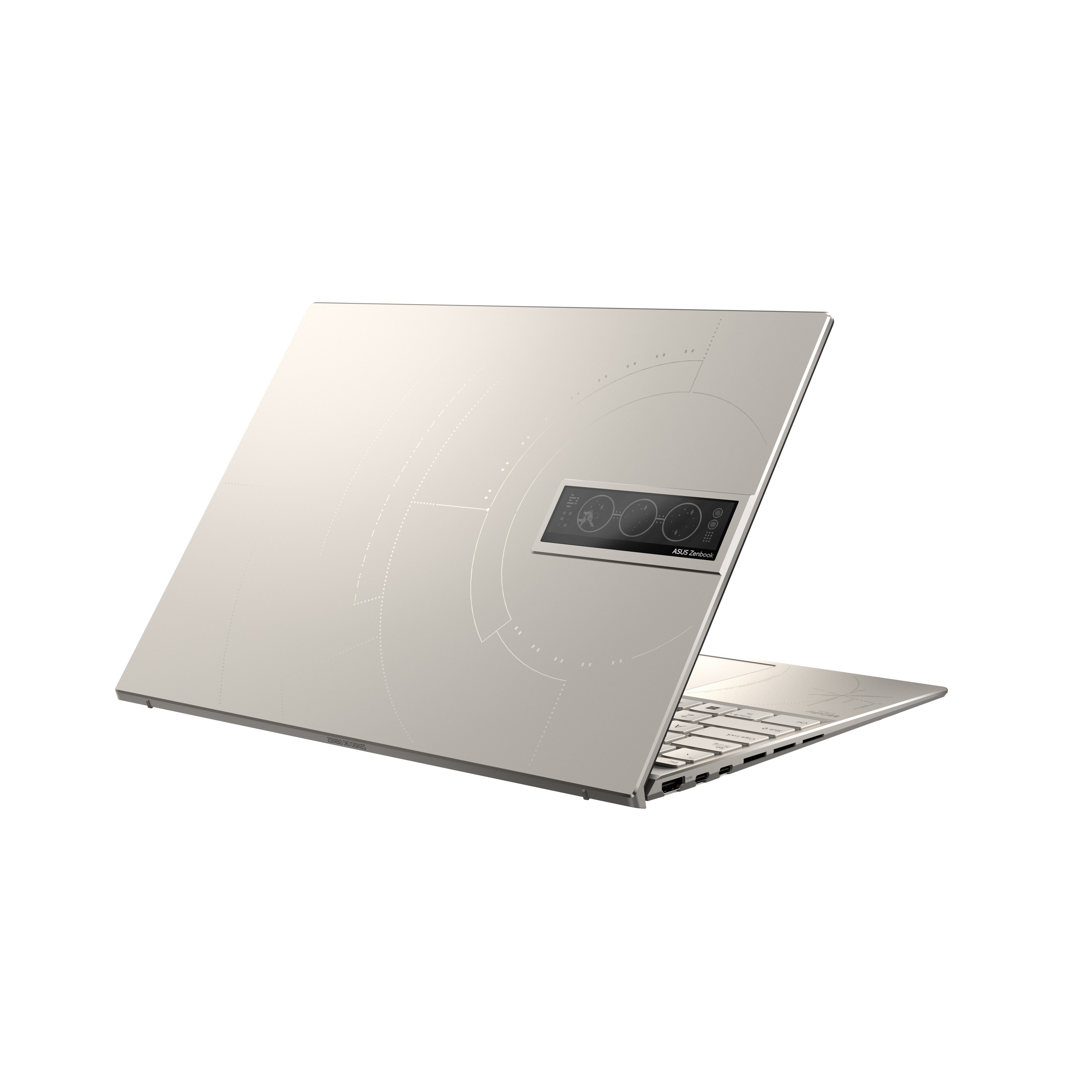 Portátil beige, abierto, parte trasera con diseño, sobre blanco, logo ASUS Zenbook.