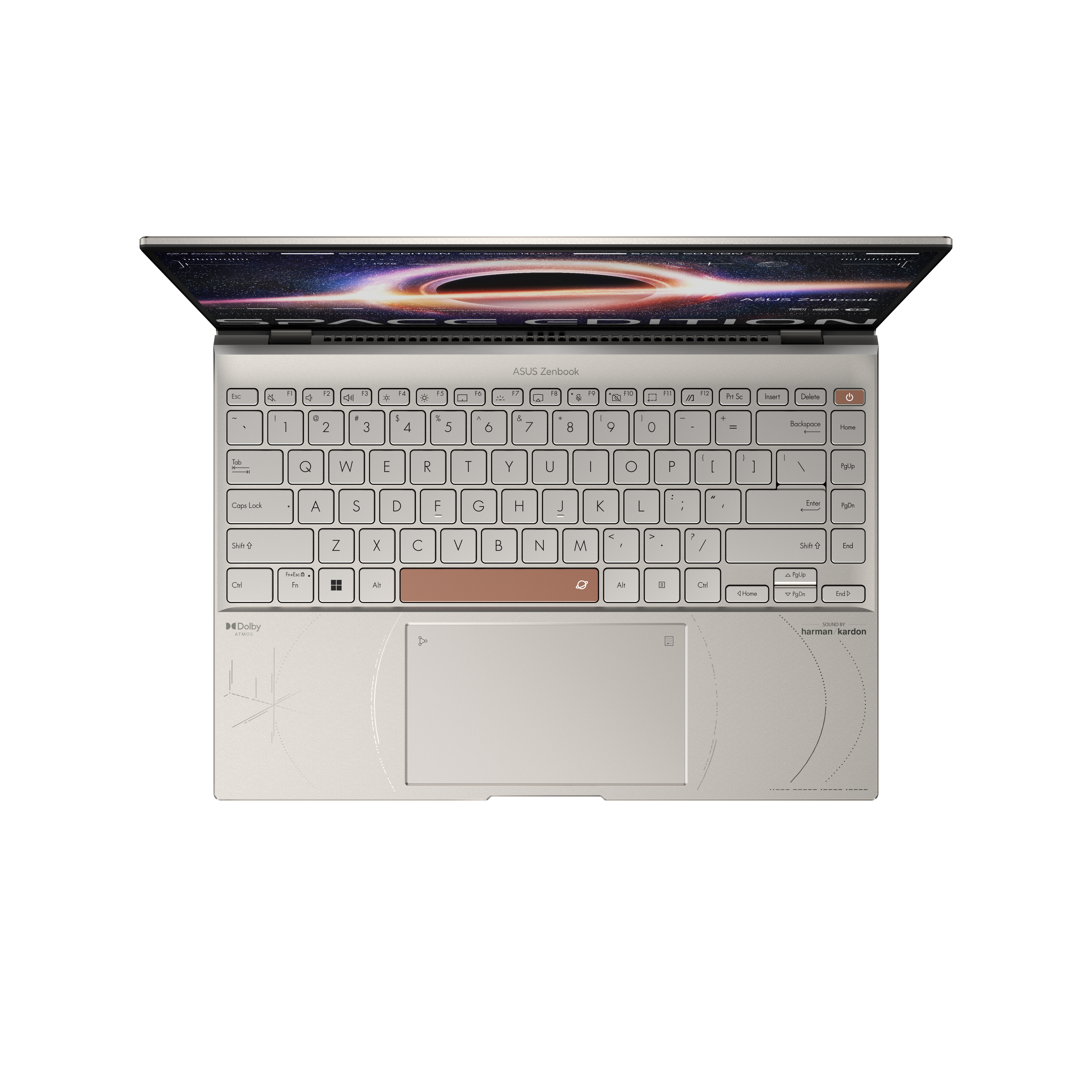 Vista del teclado y el panel táctil del portátil. Las teclas del teclado son visibles, el panel táctil tiene un diseño pequeño.