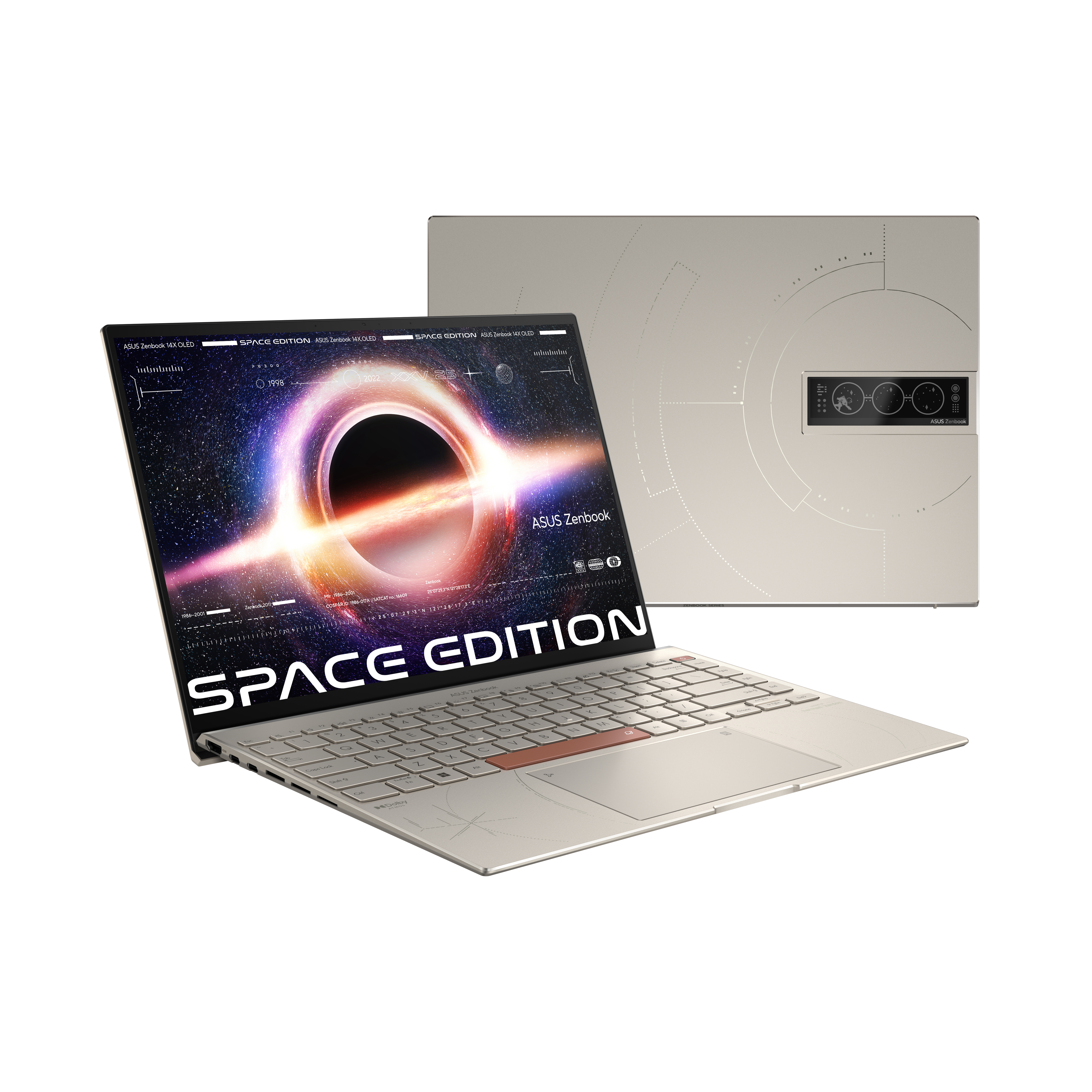 Asus Zenbook Space Edition portátil abierto, mostrando imagen de agujero negro. Otro portátil detrás.