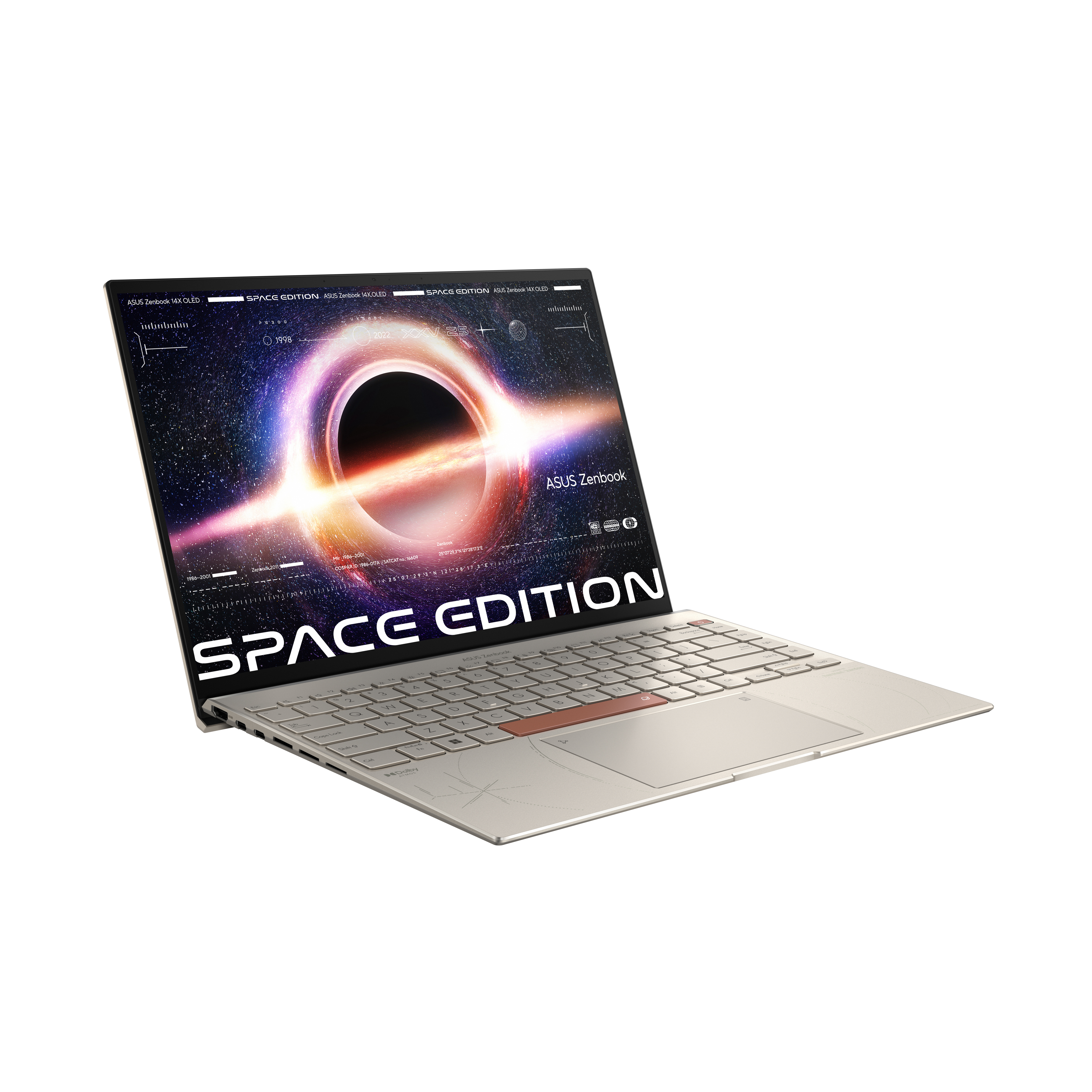 Portátil ASUS Zenbook Space Edition, abierto, mostrando una pantalla temática espacial.
