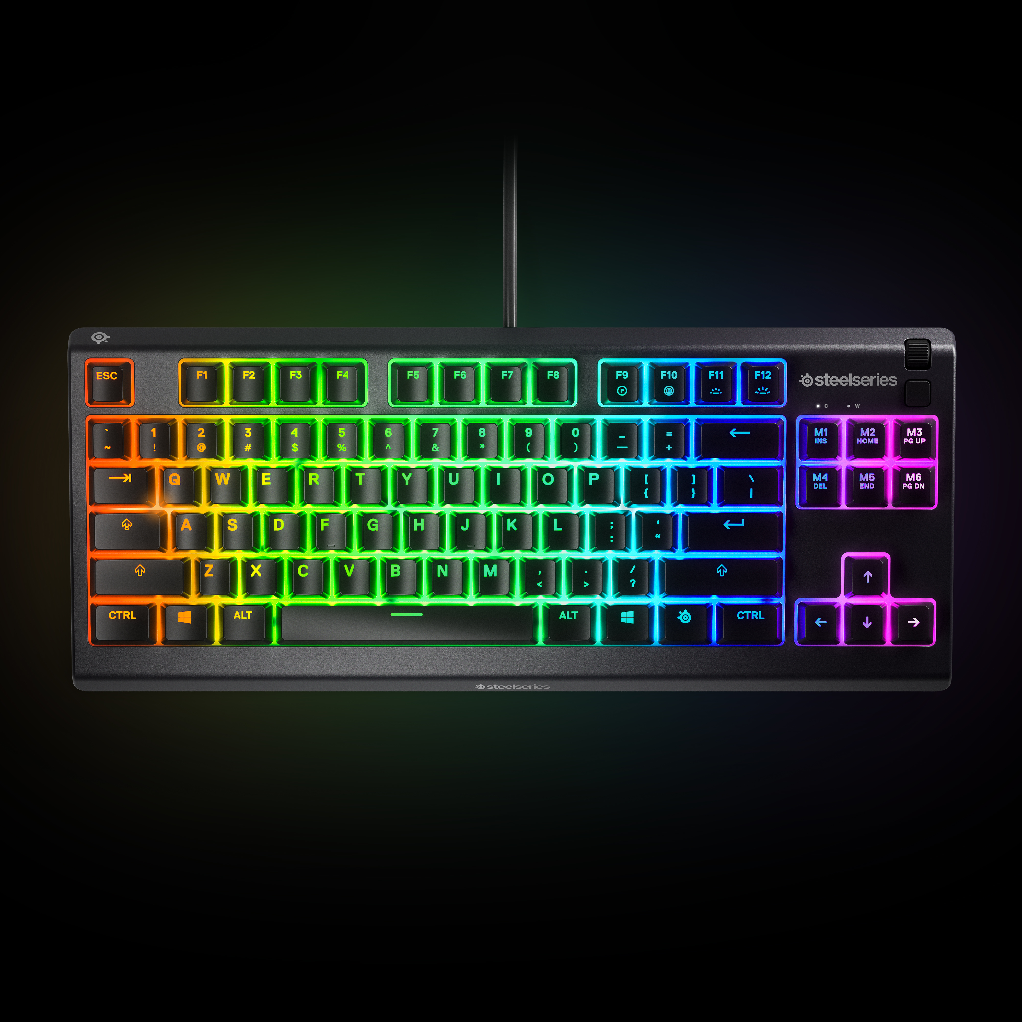 Keyboard with glowing keys. Black color. Steelseries brand.