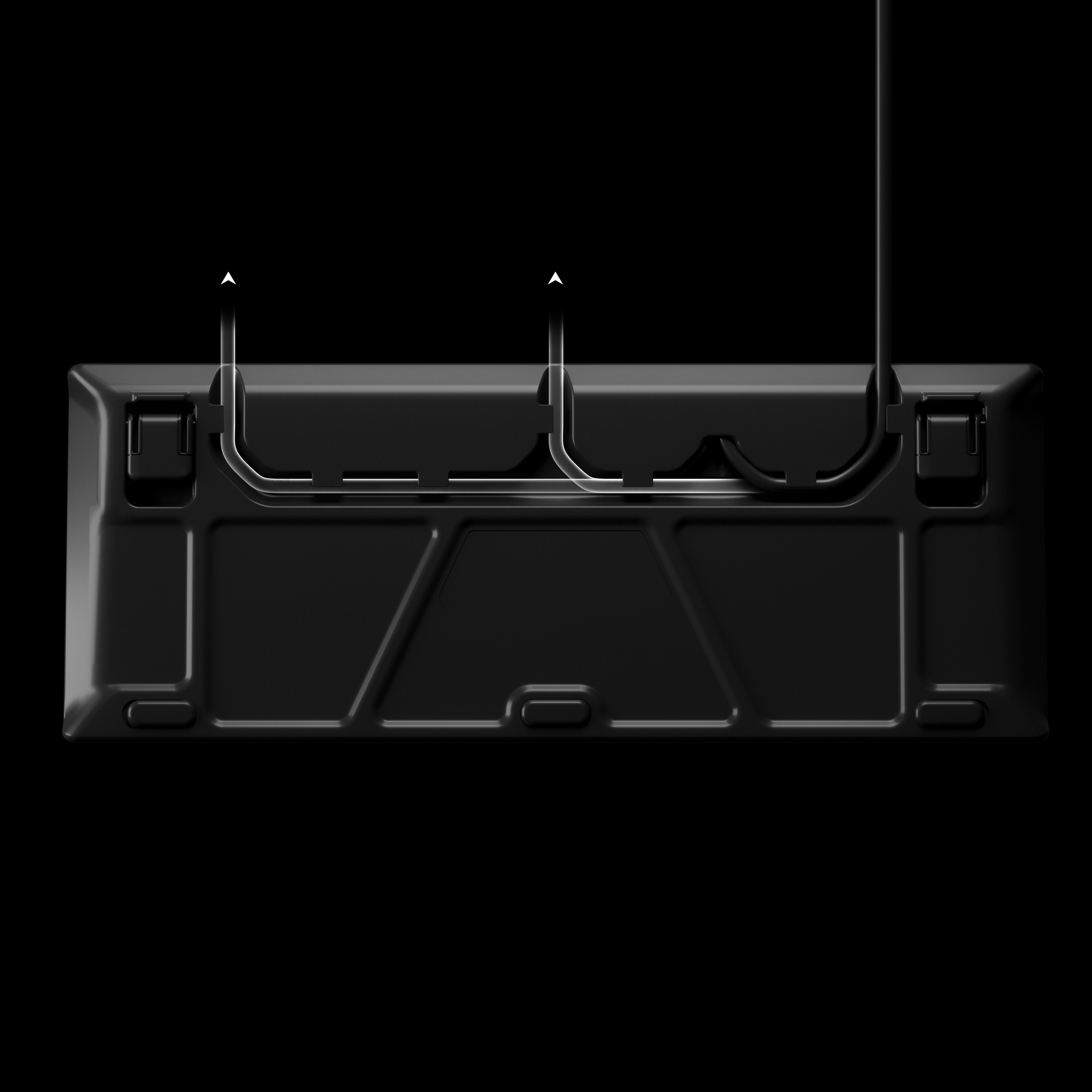 Black keyboard underside with visible internal structure and connection ports.