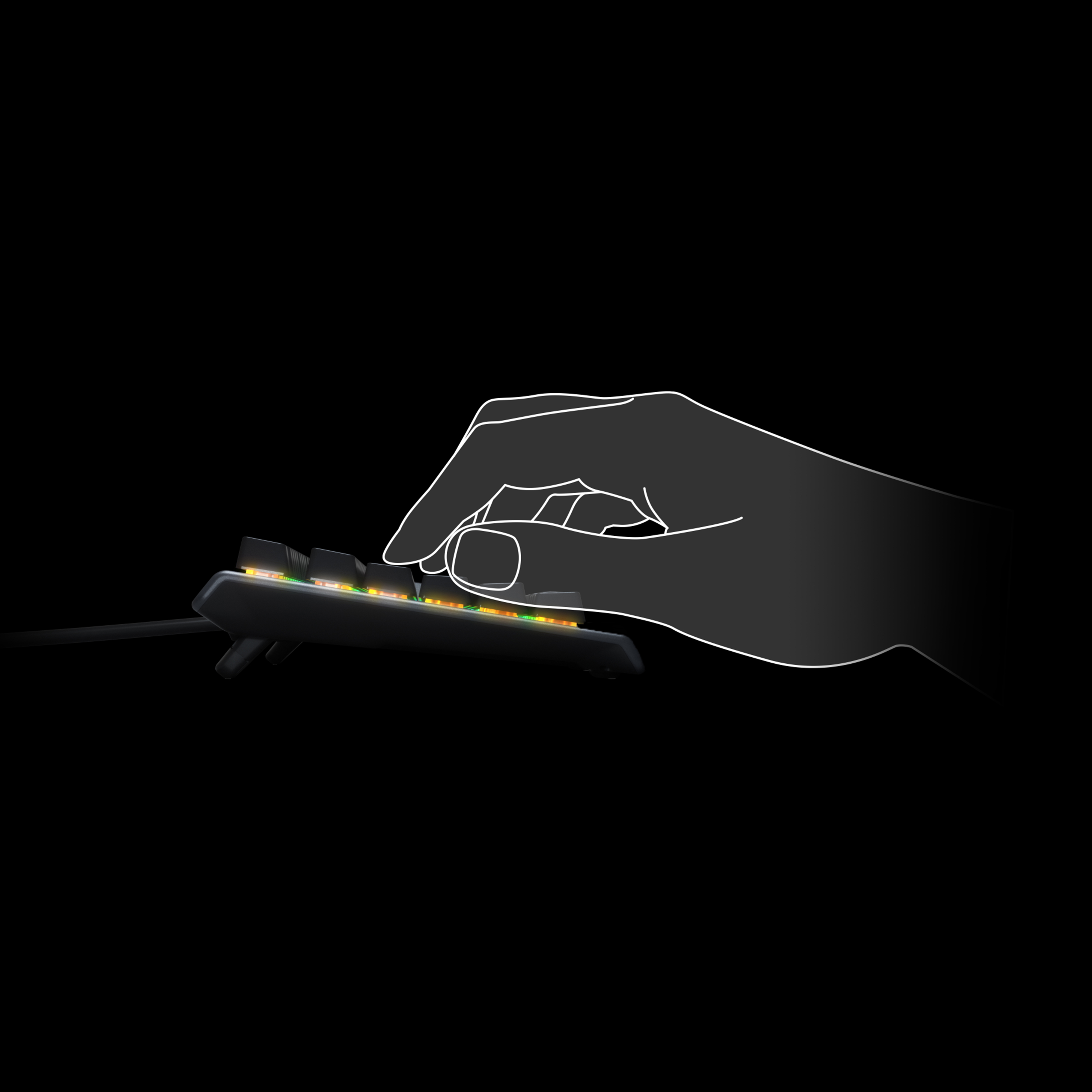 A hand is pressing a key on a black keyboard. The keys light up with various colors.