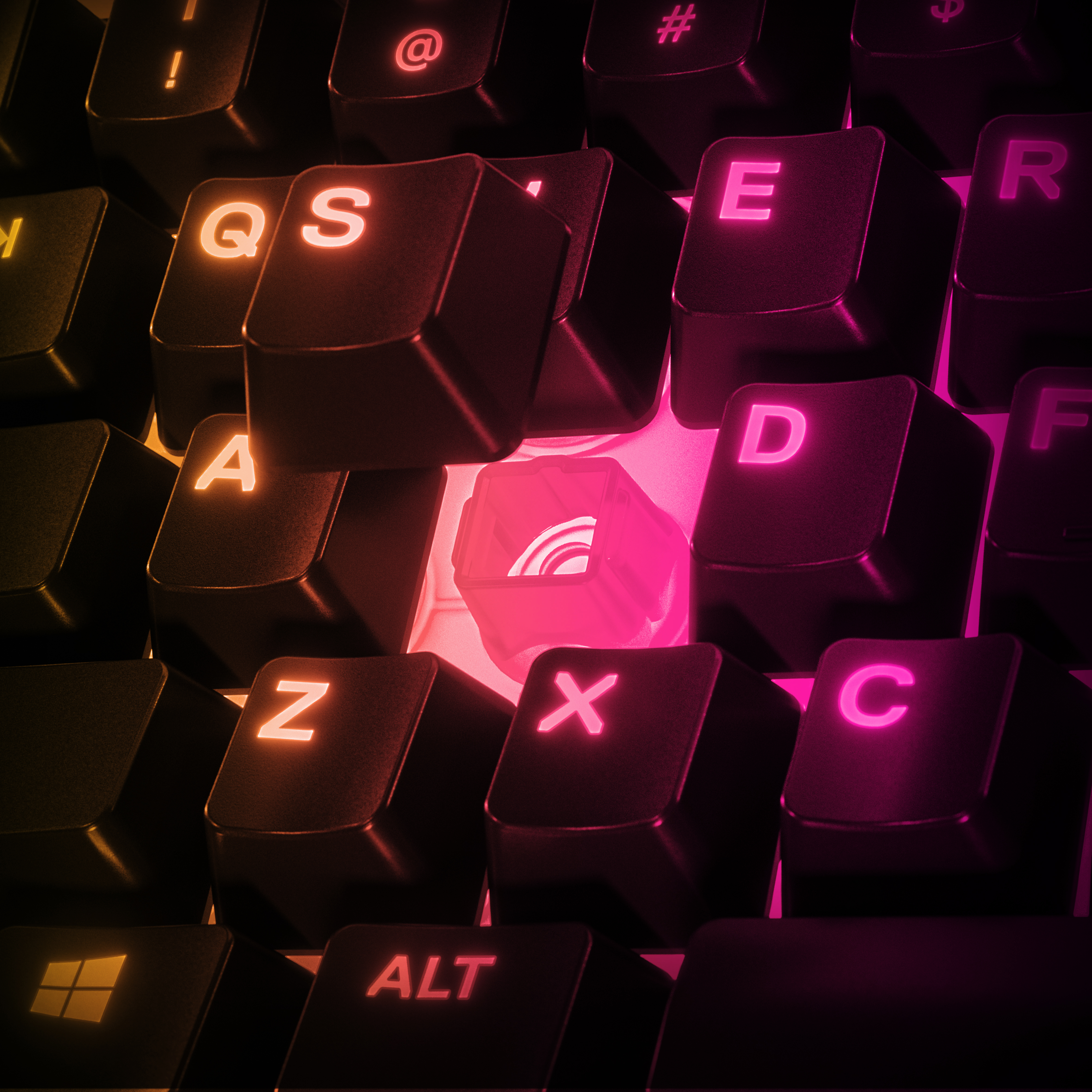 Close-up of a keyboard with illuminated keys. The 'E', 'D', 'C', and 'S' keys are lit.