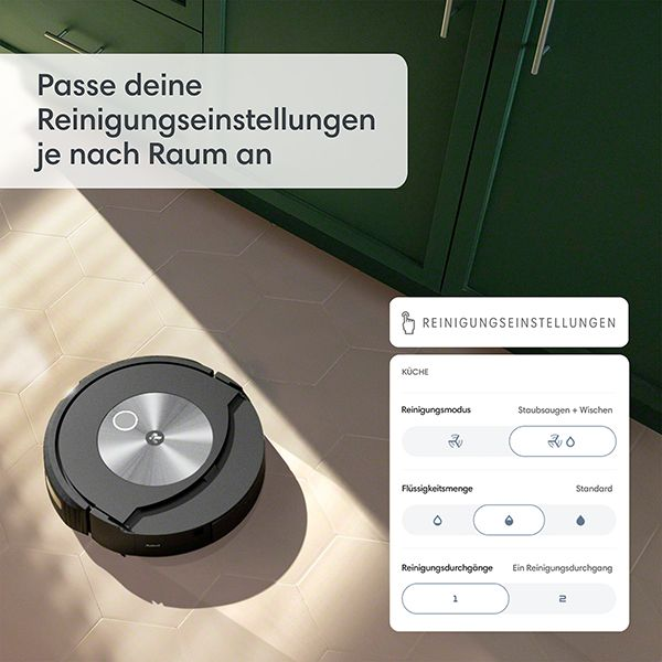 Roboter-Staubsauger mit Bedienfeld auf der rechten Seite, das Reinigungseinstellungen zeigt.