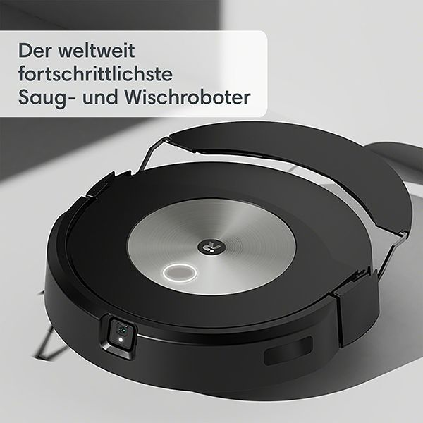 Ein schwarzer Roboter-Staubsauger mit rundem Gehäuse. Mit Kamera und Ladelicht.