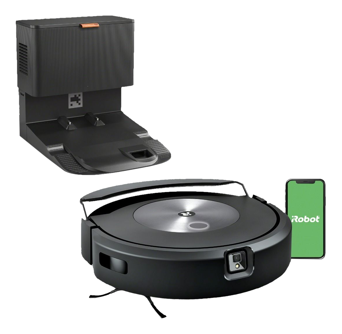 Roboter-Staubsauger mit Ladestation und Mobiltelefon.