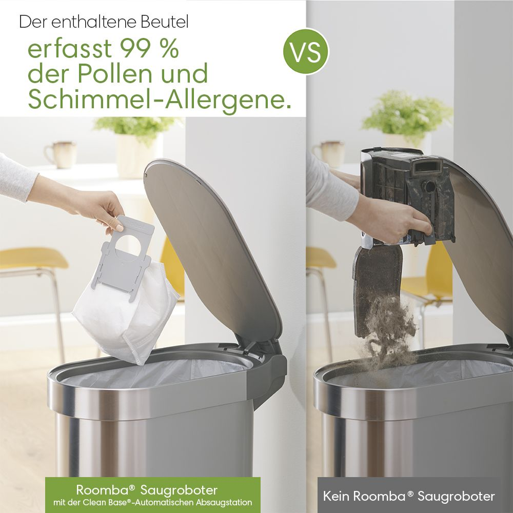 Vergleich von Müllbeutel und Roomba mit Text zur Allergenentfernung.