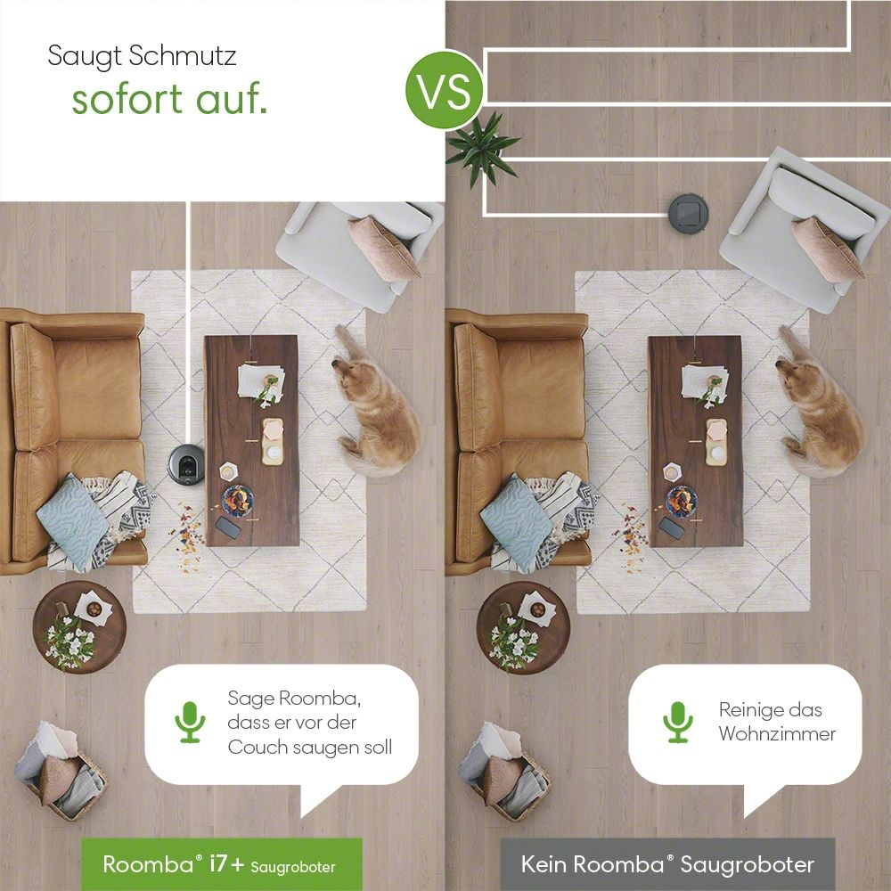 Zwei Bilder, Roomba-Roboter vs. kein Roboter. Katze und Möbel in jeder Ansicht.