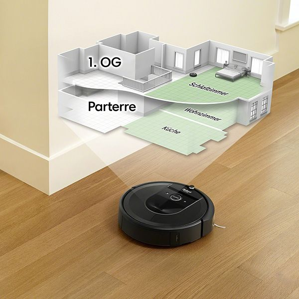 Raumschematik mit einem Roboter-Staubsauger auf Holzboden. Der Raum ist in deutscher Sprache beschriftet.