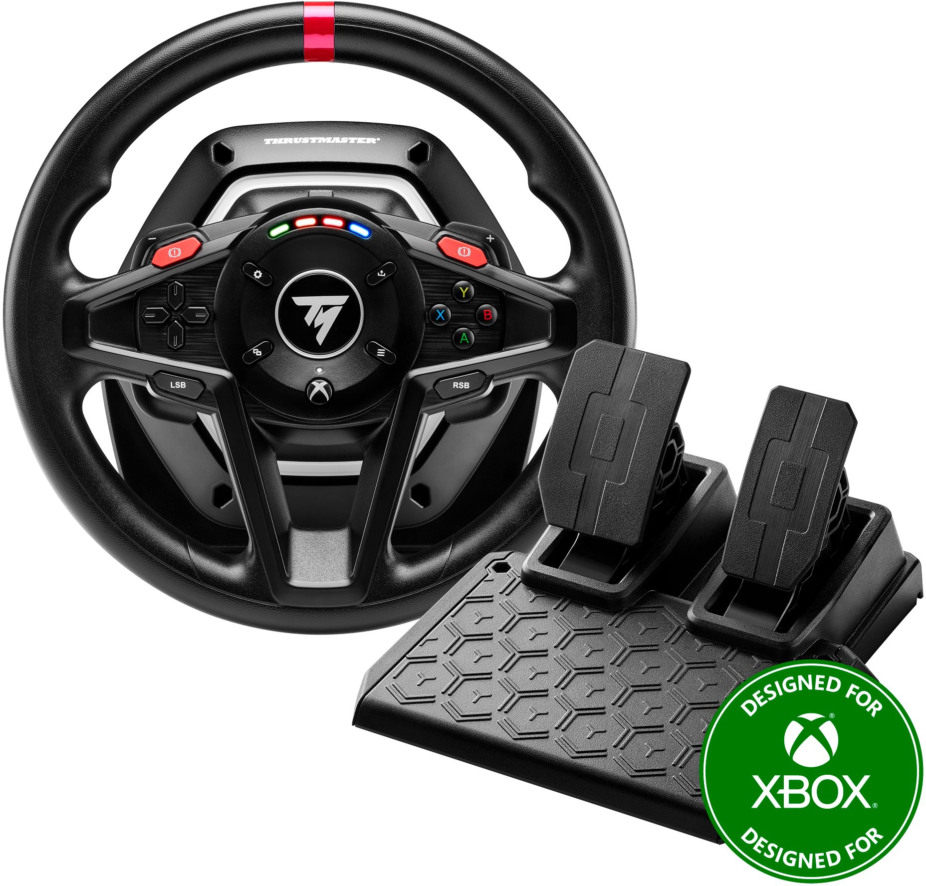 Schwarzes Lenkrad und Pedalset. Roter Streifen oben. Xbox-Logo rechts.