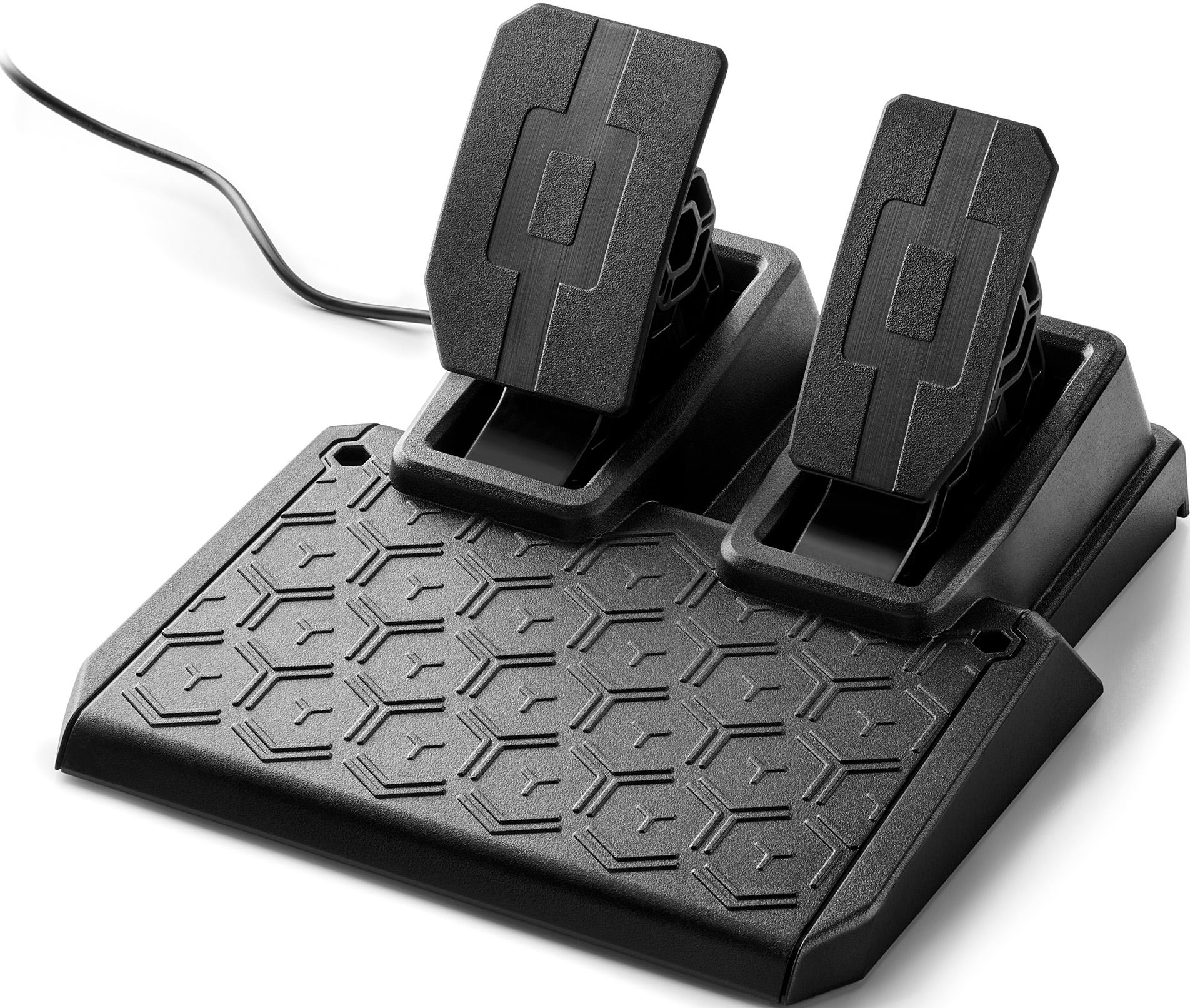 Schwarze Gaming-Pedale mit Wabenmuster-Basis, weißer Hintergrund.