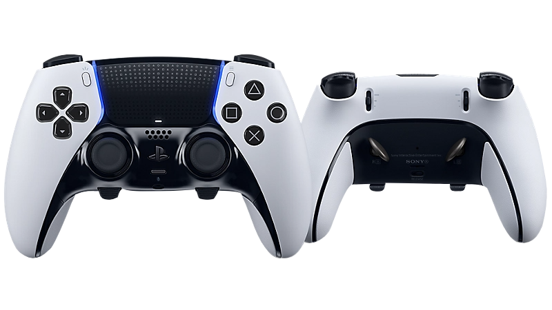 Un controlador inalámbrico DualSense Edge blanco y negro de PlayStation 5, vistas frontal y trasera.