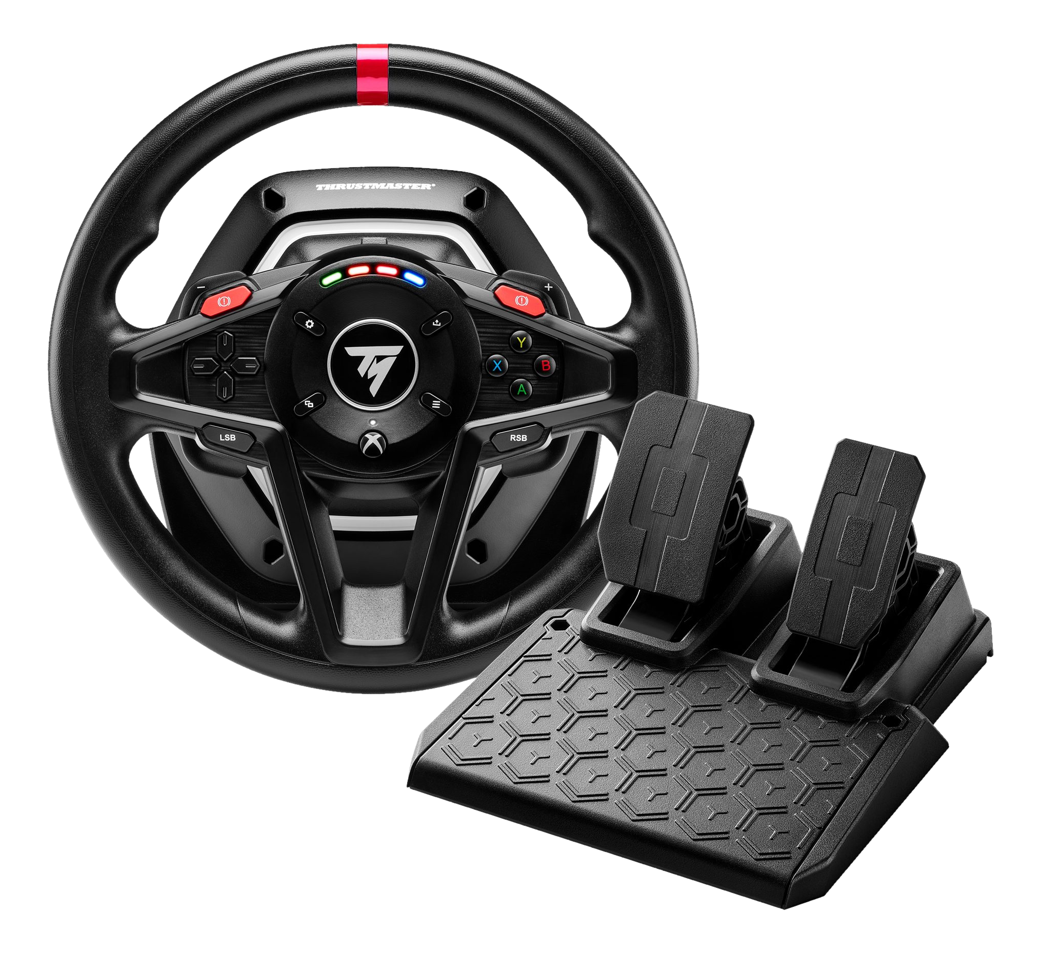 Gaming-Lenkrad und Pedal-Set. Das Lenkrad ist schwarz mit roten, grünen und blauen Knöpfen und einem Thrustmaster-Logo.