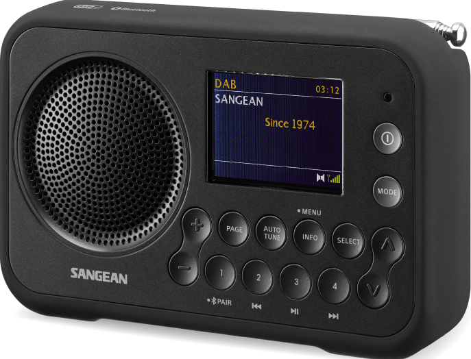 Schwarzes Sangean Radio, Vorderansicht, mit Display und Bedientasten.