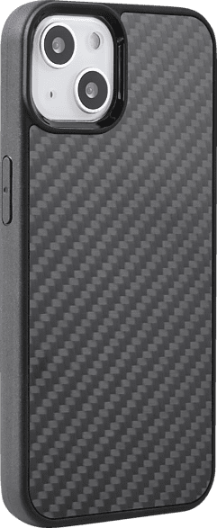 Coque de téléphone noire en fibre de carbone avec découpes pour l'objectif de l'appareil photo.