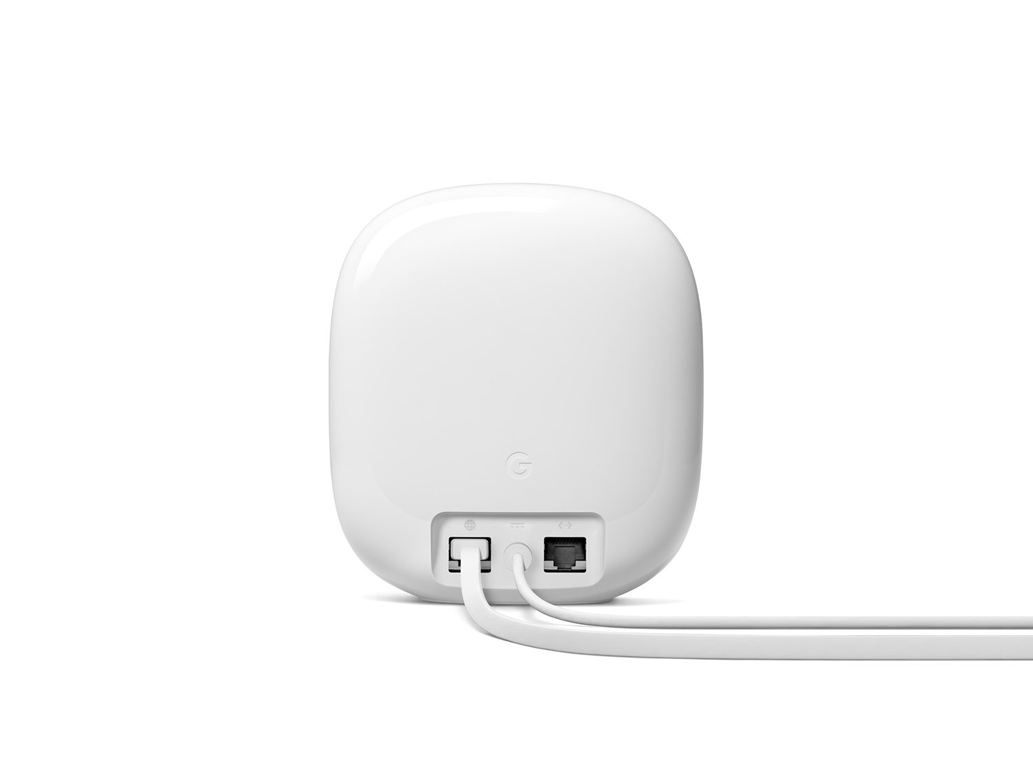 Witte router met twee poorten en twee witte kabels aangesloten. De achterkant van de router is te zien.