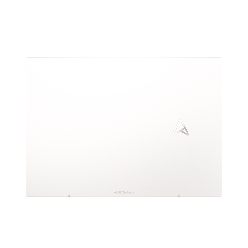 Una tapa de portátil blanca con el logotipo ASUS Zenbook en el centro.