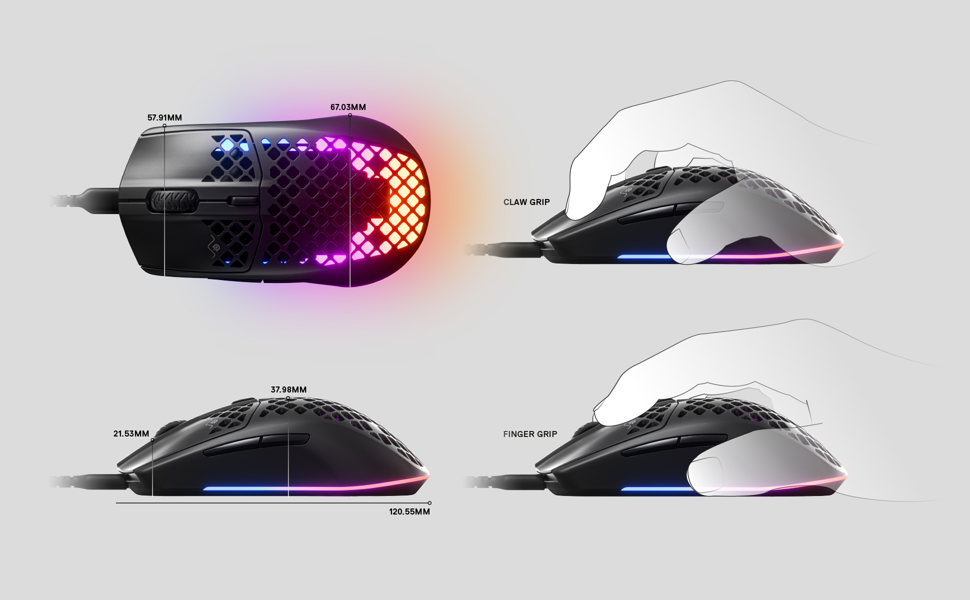 A black gaming mouse with RGB lighting. Different hand grip positions are shown.