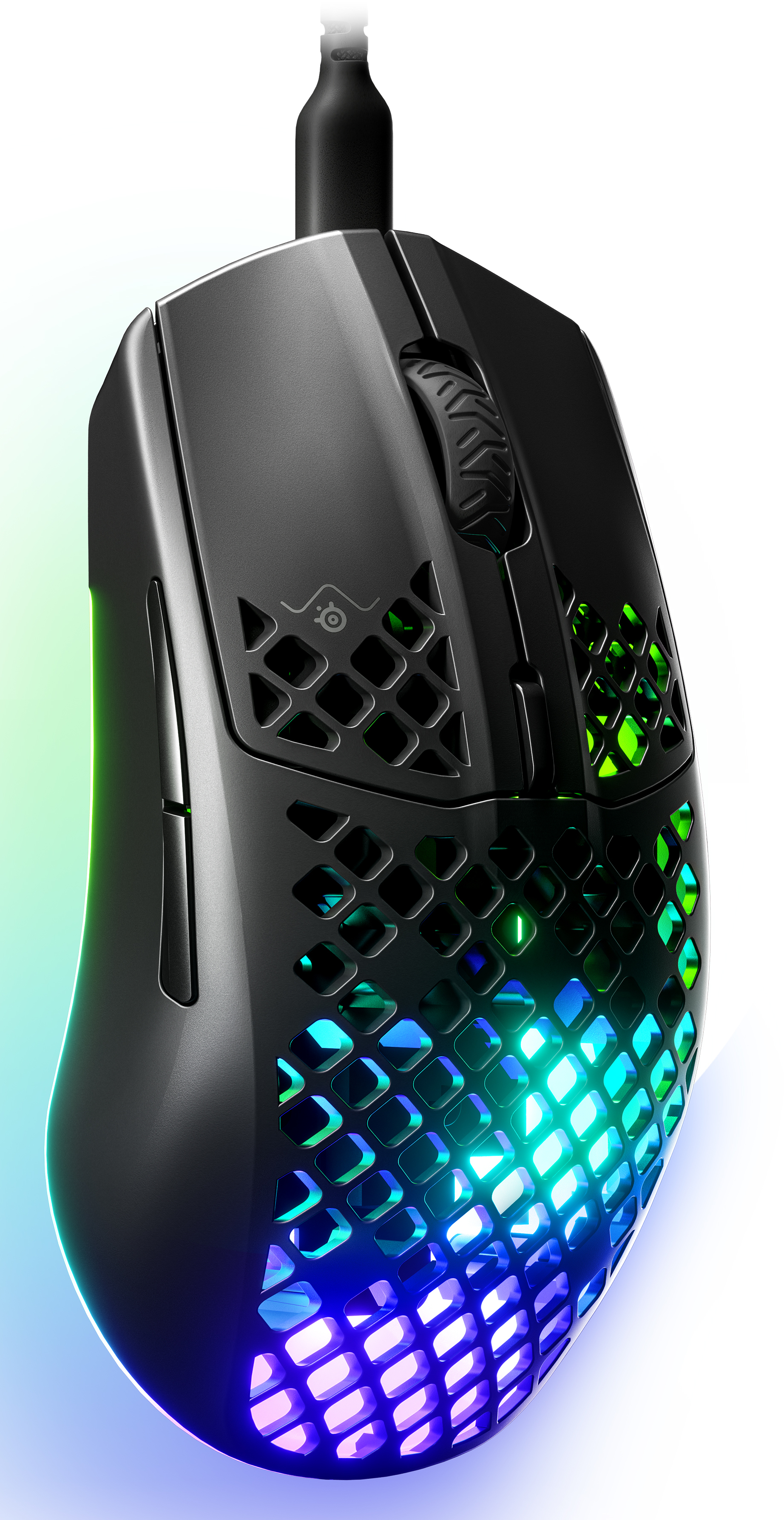 Black gaming mouse with honeycomb design, RGB lights, gradient background.