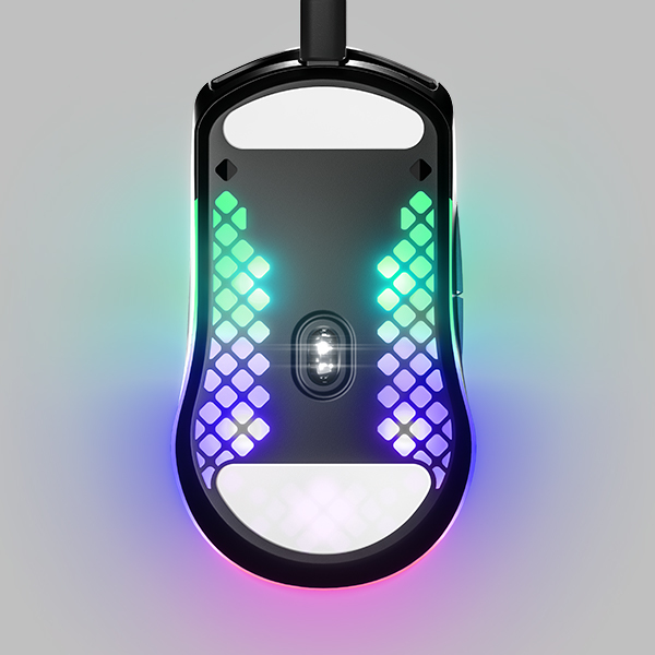 Gaming mouse bottom view. Perforated design with RGB lighting. White background.