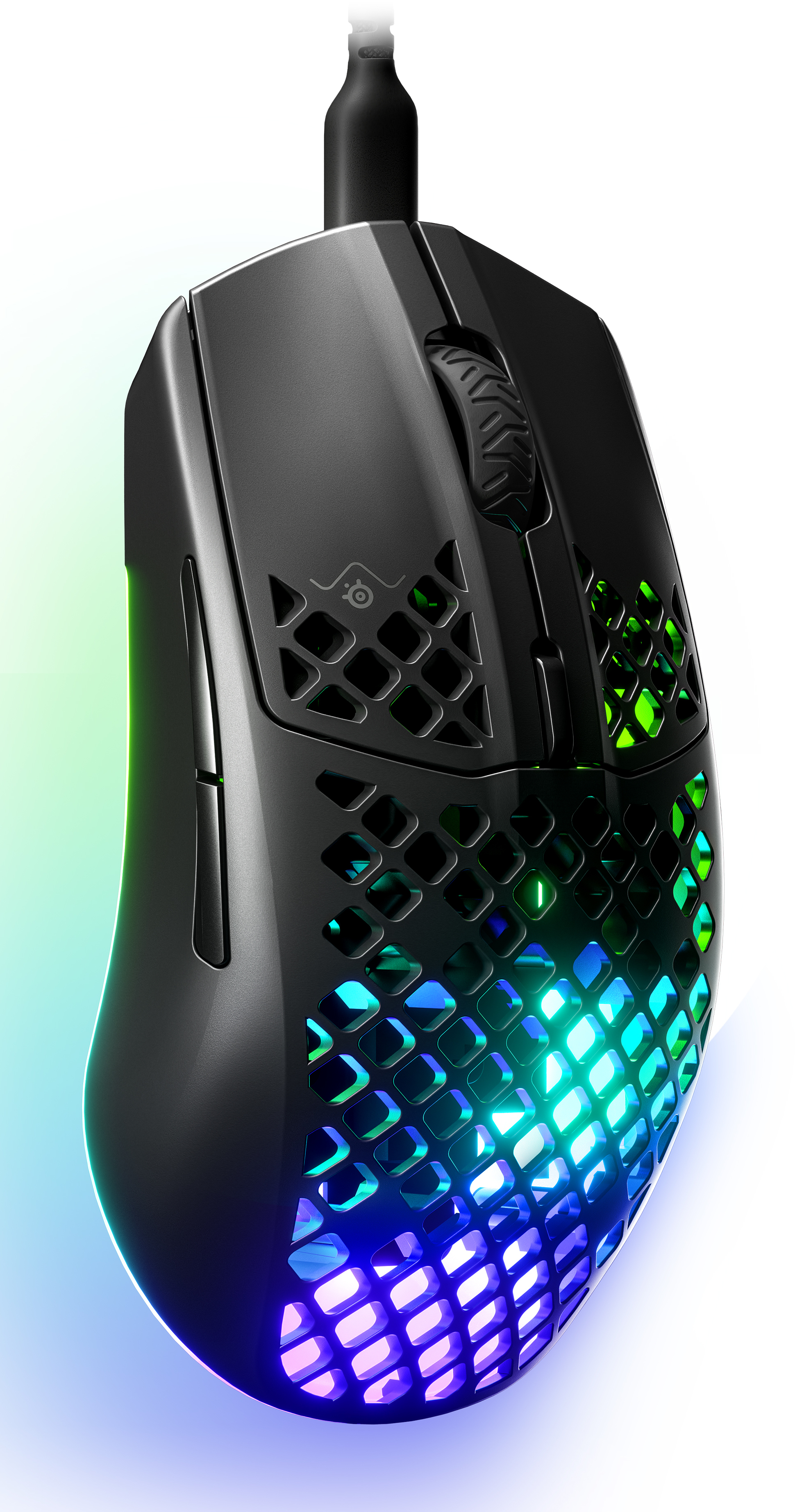 Zwarte gamingmuis met RGB-verlichting, witte achtergrond.