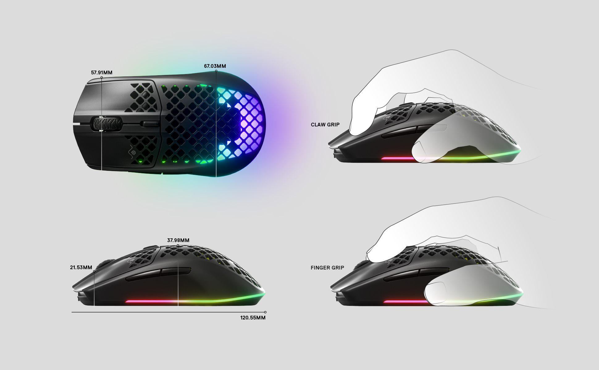 SteelSeries muis, zwart met RGB, getoond met afmetingen en handgrepen.