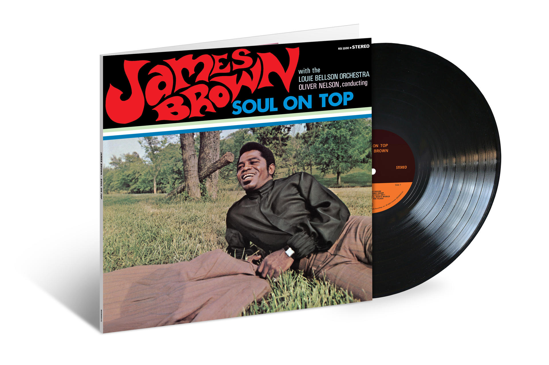 James Brown Albumcover mit Vinyl-Schallplatte auf weißem Hintergrund.
