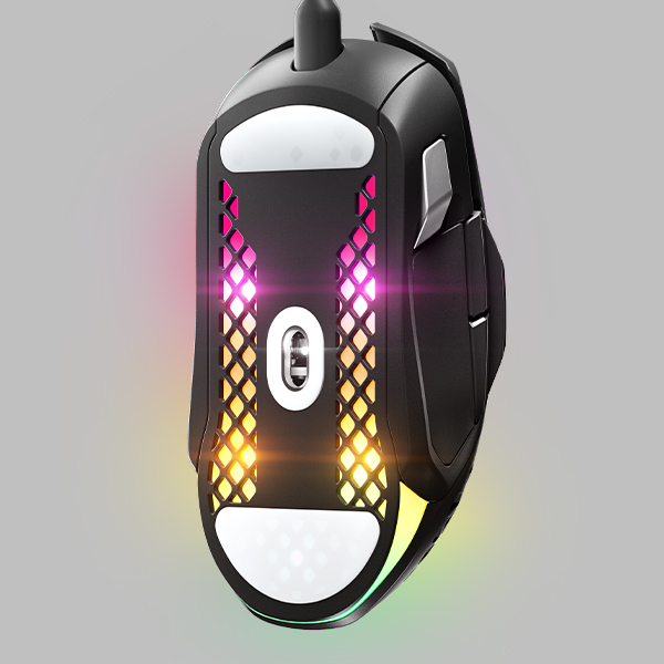 Black gaming mouse with RGB lighting on the bottom. White pads and a small button on the top.