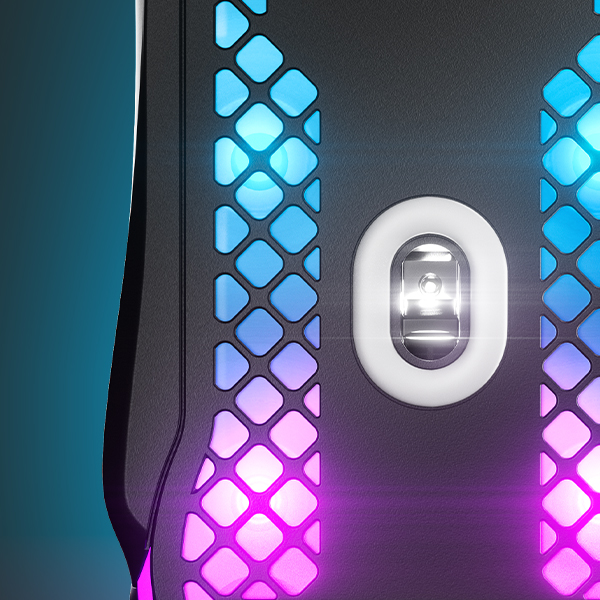 Close-up of a gaming mouse with RGB lighting. The mouse is black with blue and pink accents.