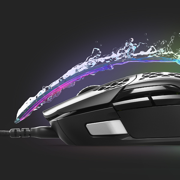 Black gaming mouse with water splash effect in rainbow colors. Dark background highlights the mouse.