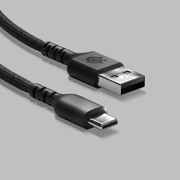 Black USB to USB-C cable. One end is USB, the other is USB-C, on a grey background.