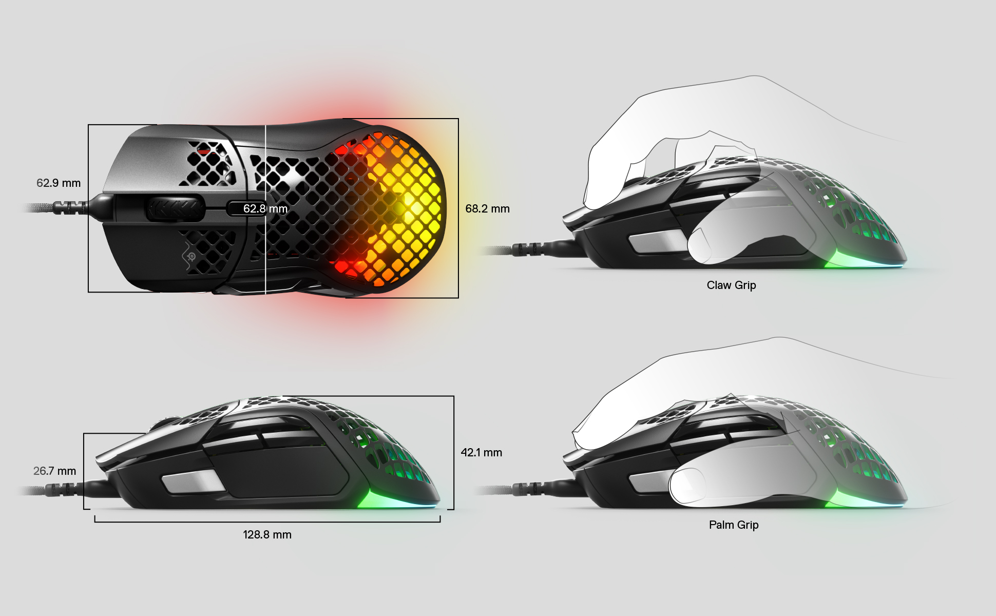 Gaming mouse with dimensions and grip diagrams on a white background.