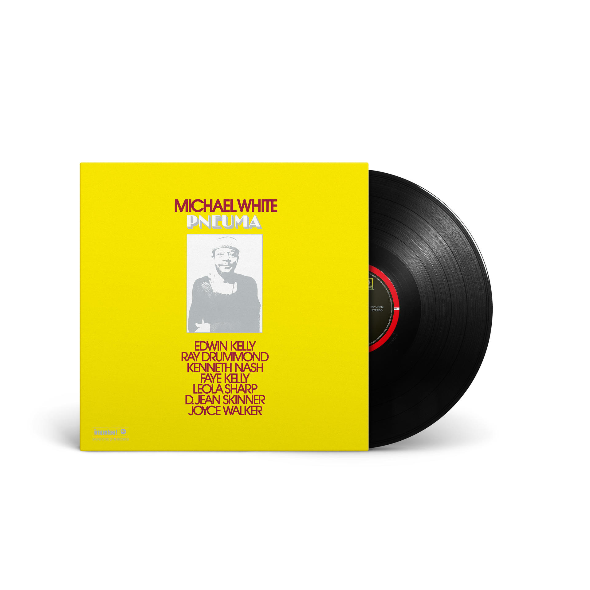 Schallplatte mit gelbem Albumcover. Weißer Hintergrund. Text und Bild sichtbar.