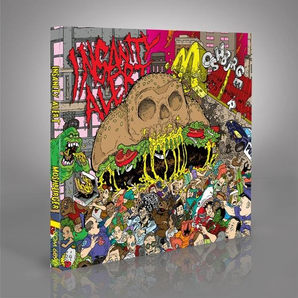 Albumcover: Schädel-Burger, Menge, Gebäude. Text: Insanity Alert, Moshburger.