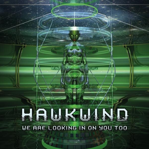 Albumcover mit einer futuristischen Frau in grüner Umgebung und dem Bandnamen 'Hawkwind'.