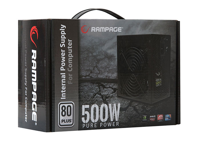 Bilgisayar için bir güç kaynağının kutusu. Kutu siyah ve kırmızıdır. 500W. Beyaz arka plan.
