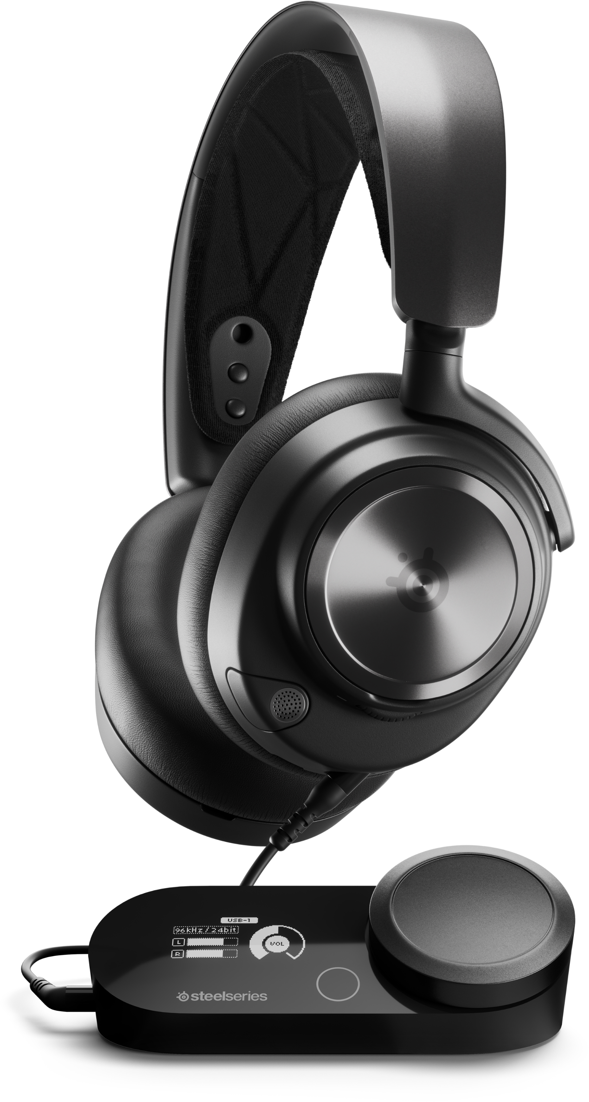 Black headphones and a control unit. Headphones have a curved headband.