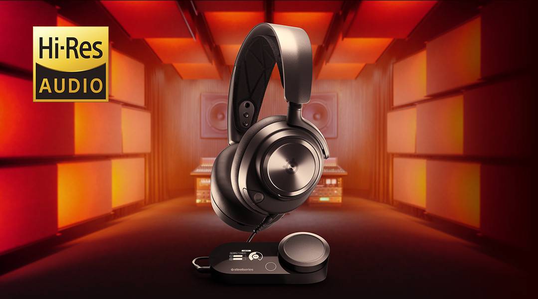 Black headphones on stand, Hi-Res Audio logo.