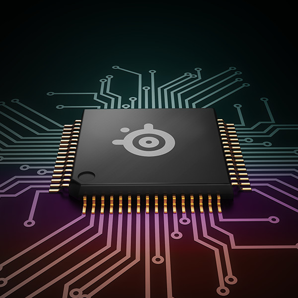 A black square circuit board with a logo in the center and gold pins.